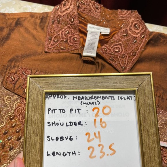 56% Silk Lace Beaded Jacket S Coldwater Creek Bronze Floral Metallic Button-up - Picture 4 of 16